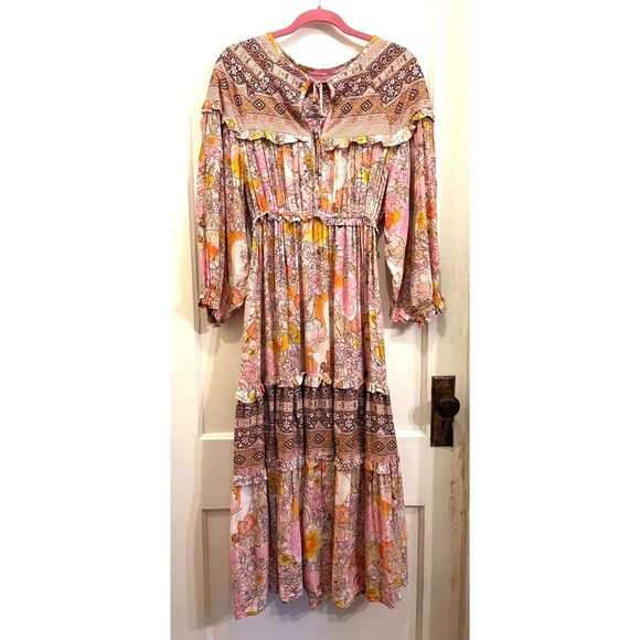 Lin Jia & Shop Long Sleeve Maxi Boho Floral Prairie Dress Women's Size Small - Picture 2 of 10